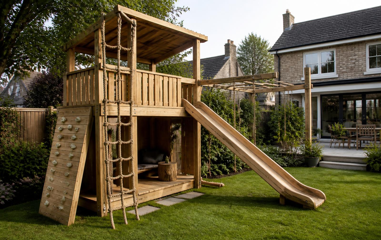 Design concept: bespoke timber climbing tower with platforms, climbing wall, rope elements and timber slide in a private garden