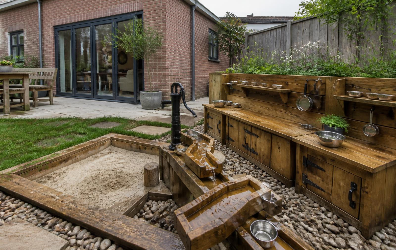Design concept: handcrafted timber mud kitchen with hand pump, water channels and sunken sand pit beside the patio of a family garden