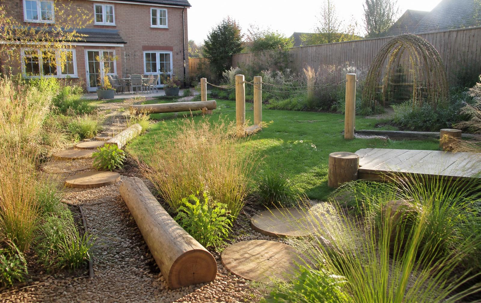 Design concept: natural play trail with balance logs, stepping timbers and low ropes threaded through the planting of a landscaped family garden