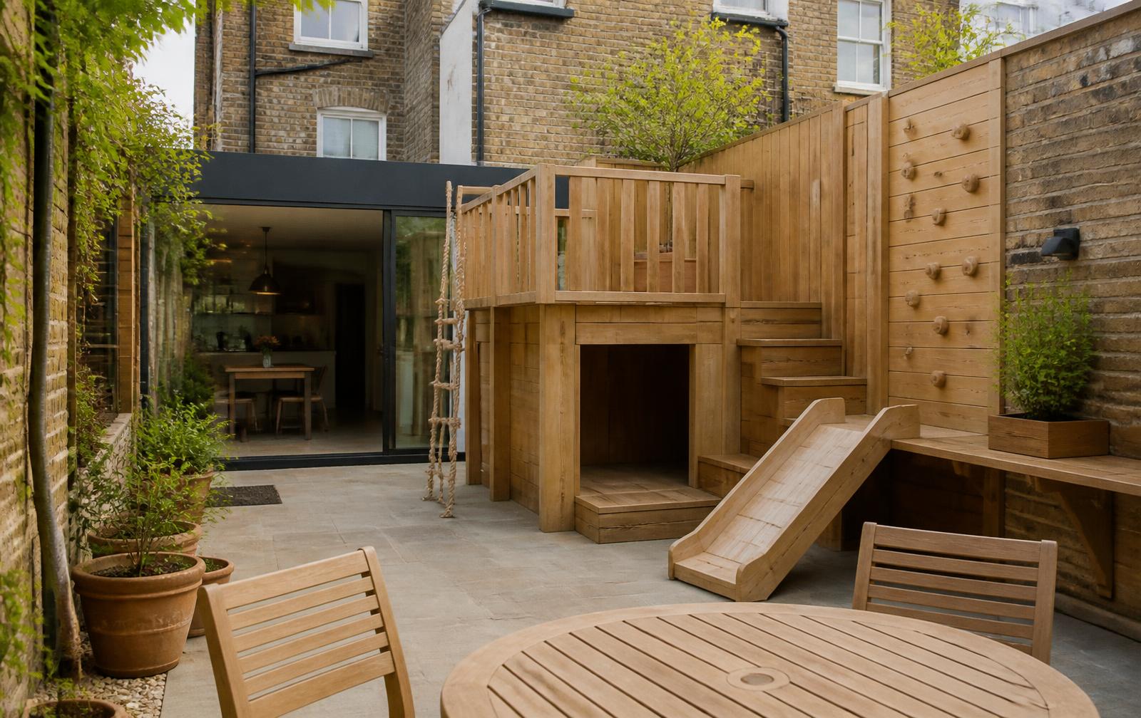 Design concept: compact timber play platform with rope ladder, boundary climbing wall, den and built-in seating in a small London garden