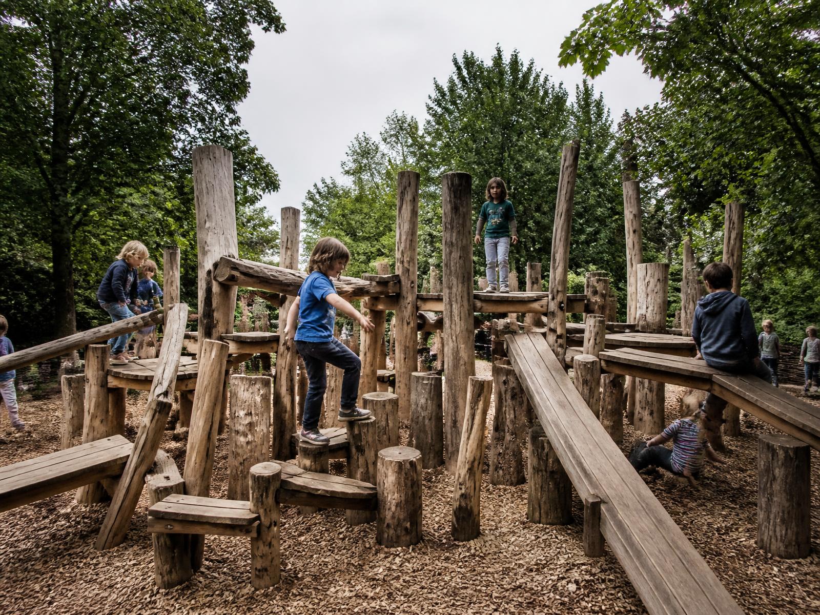 Irregular handcrafted timber structure with logs, ramps, stepping stumps and platforms at different heights