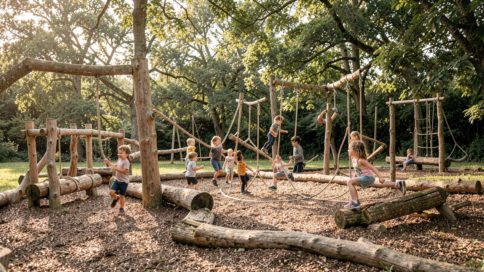 Children exploring a natural timber play environment