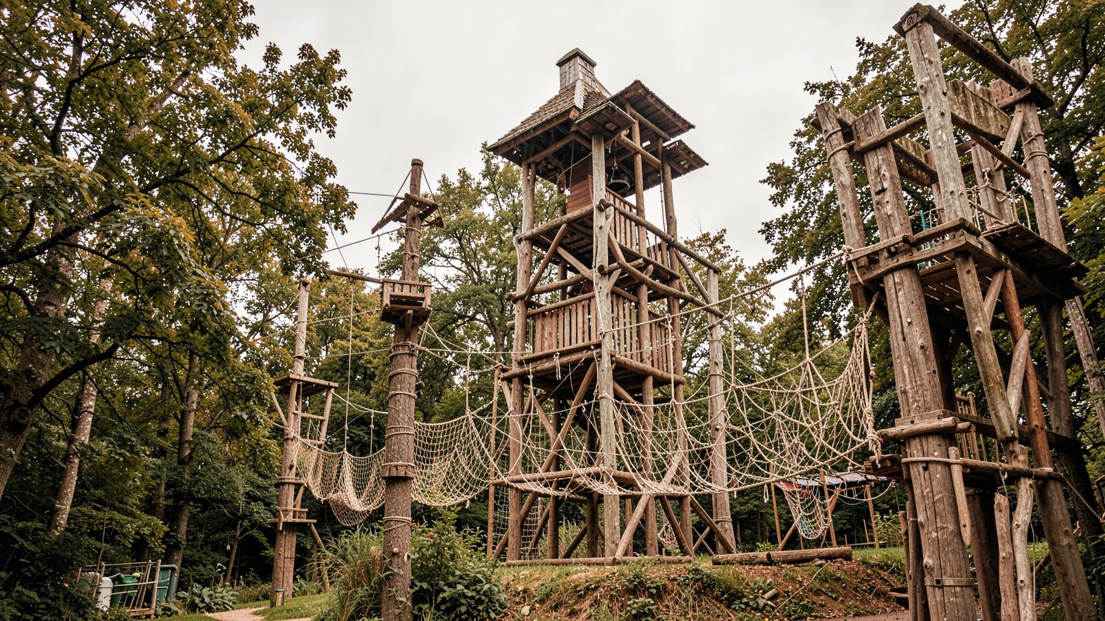 High timber and rope adventure play structure
