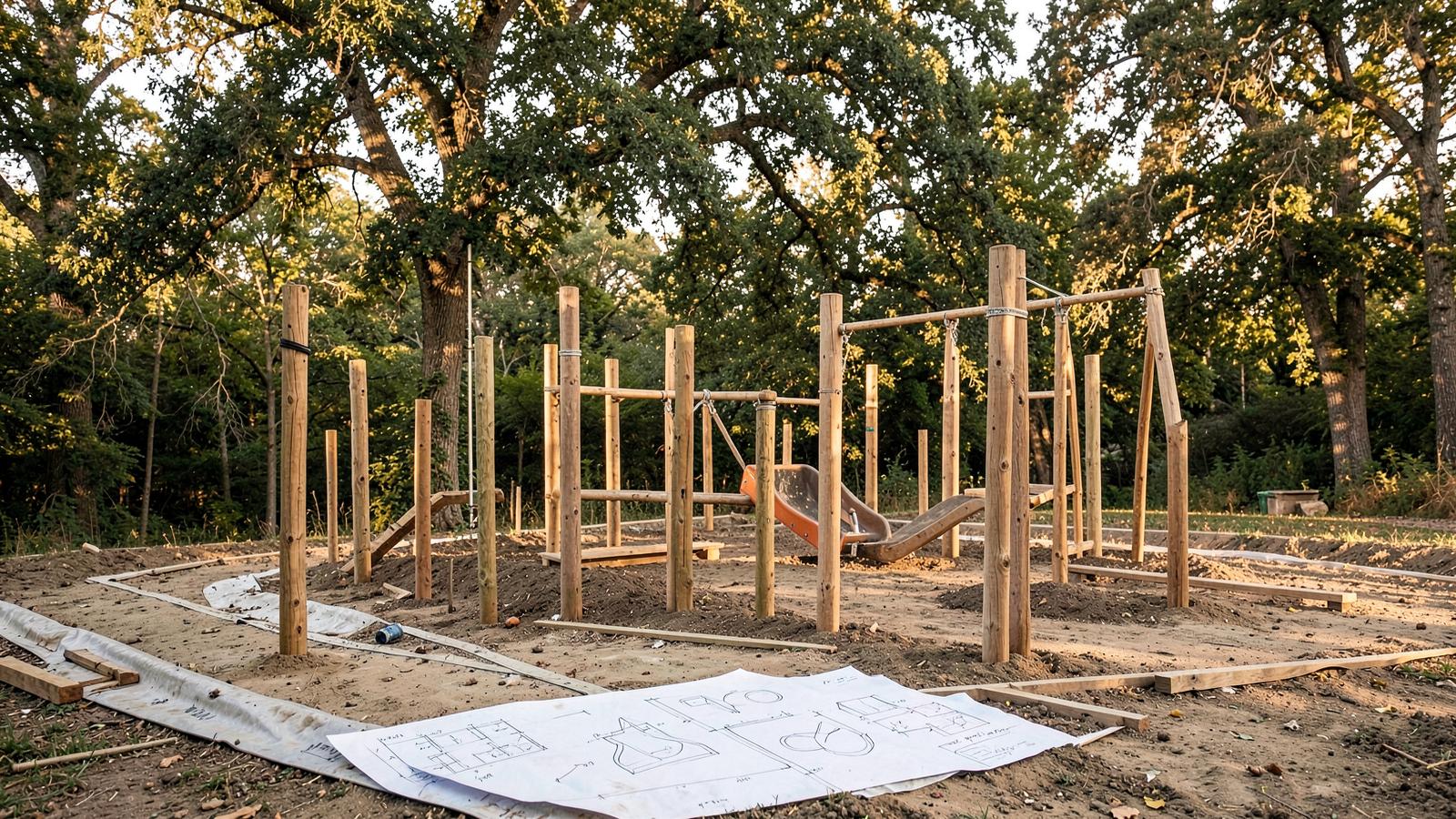 Bespoke timber treehouse and climbing structure among trees