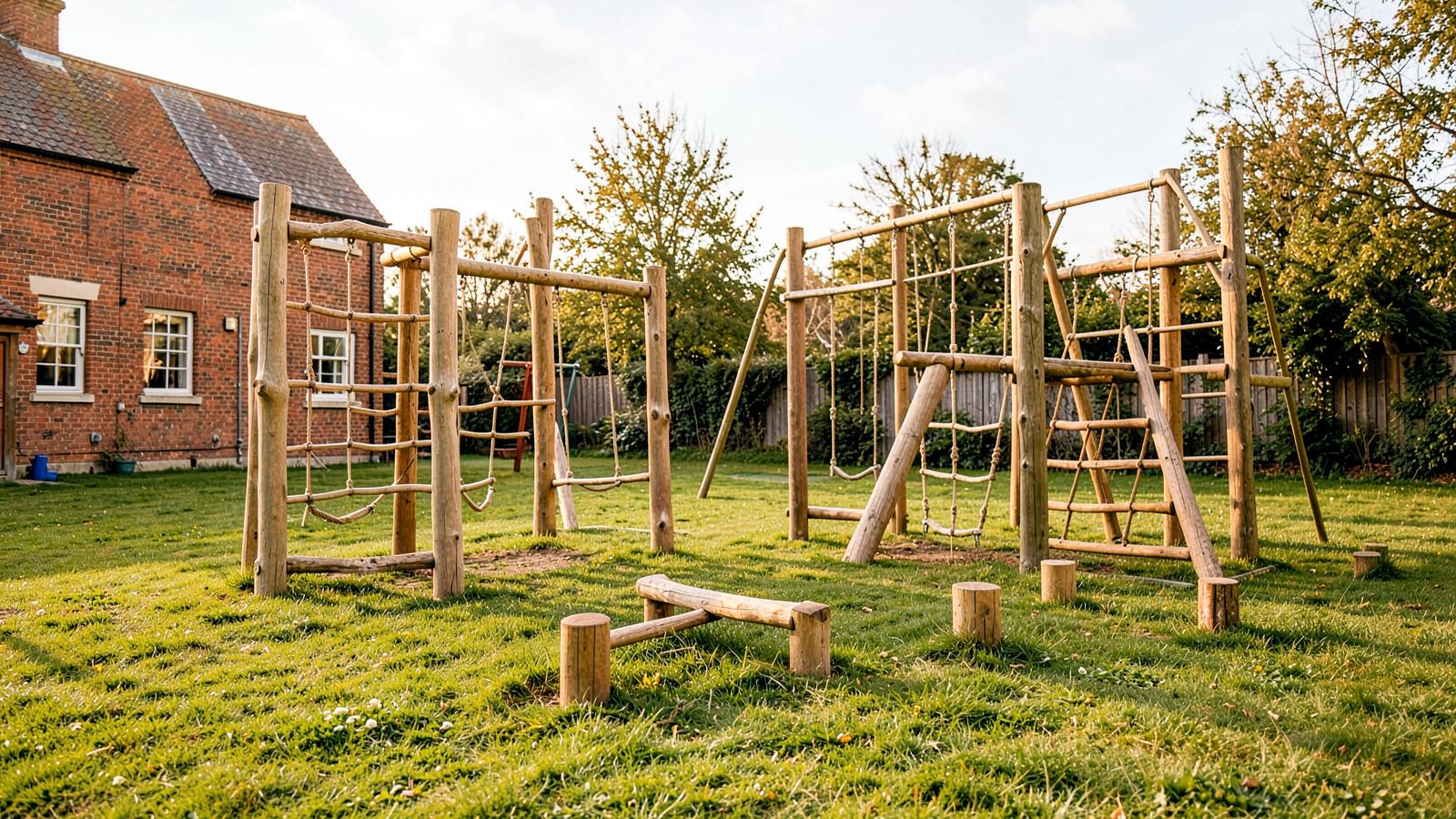 Children using a timber climbing platform in school grounds
